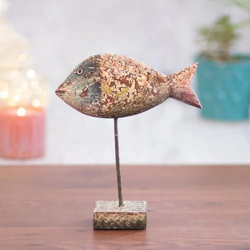 Kezevel Wooden Fish Table Decor - Multicolour Showpieces For Living Room, Wooden Showpiece For Home Decor, Figurine For Table Decor, Size 21x6.5x25 Cm