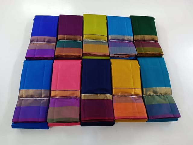 Pure handloom kanchipuram plain silk sarees multi border contrast pallu with blouse (B2B Only)