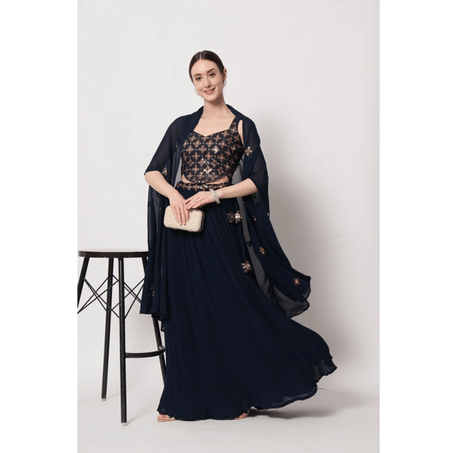 Georgette Wedding Navy Crush Pattern Lehenga Choli