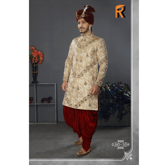 Gold WHite Marun Embroidered Mens Wedding Sherwani (B2b Only)