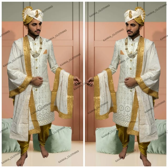 White Men Wedding Sherwani, Pattern: Embroidery